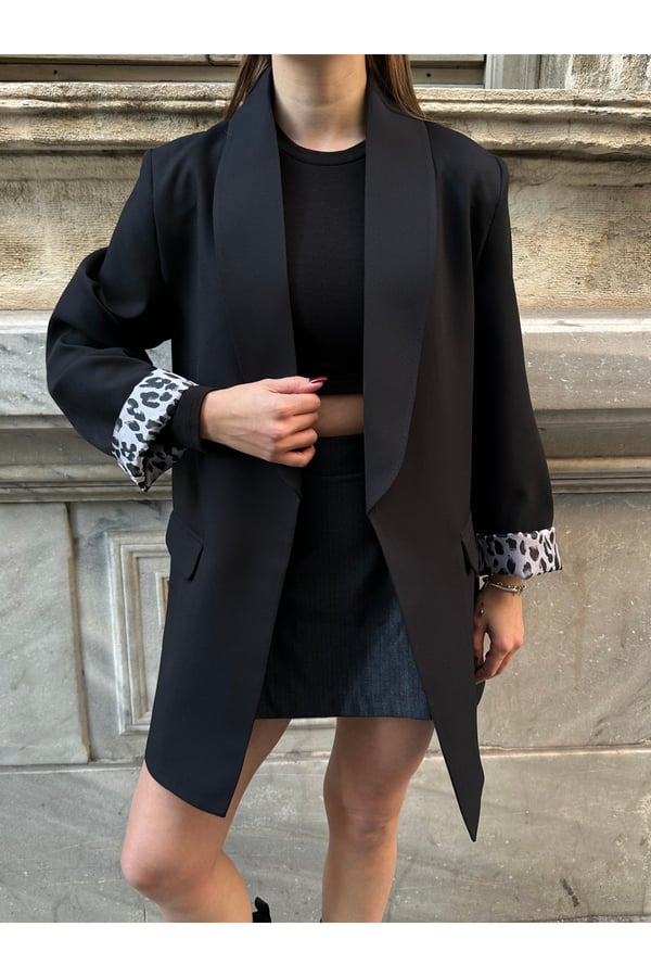 Kadın Yeni Sezon Leopar Astar Detaylı Uzun Blazer Ceket