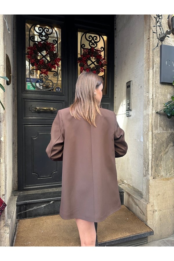 Kadın Yeni Sezon Leopar Astar Detaylı Uzun Blazer Ceket