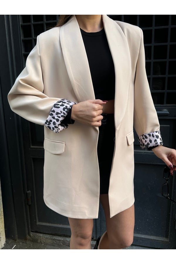 Kadın Yeni Sezon Leopar Astar Detaylı Uzun Blazer Ceket