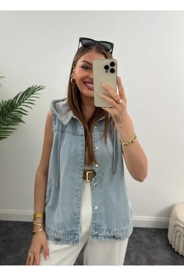 Kapüşonlu Basic Jean Kot Yelek
