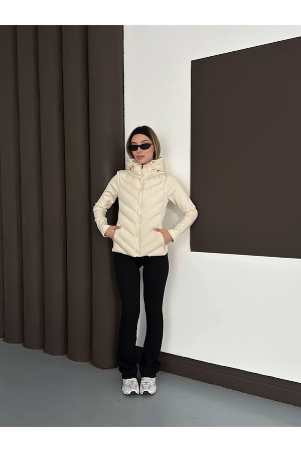 Kapüşonlu Dalgıç Detay Rüzgar geçirmez Slim Fit Şişme Mont Krem