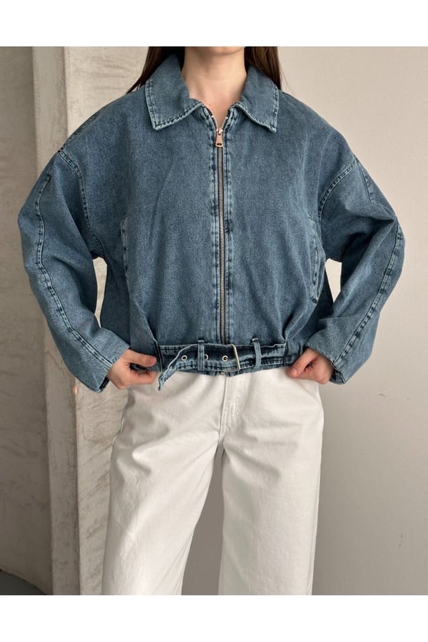 Kemer Detaylı Oversize Jean Kot Ceket