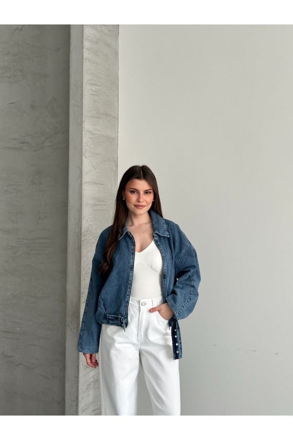Kemer Detaylı Oversize Jean Kot Ceket