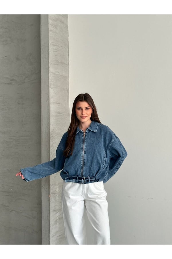 Kemer Detaylı Oversize Jean Kot Ceket