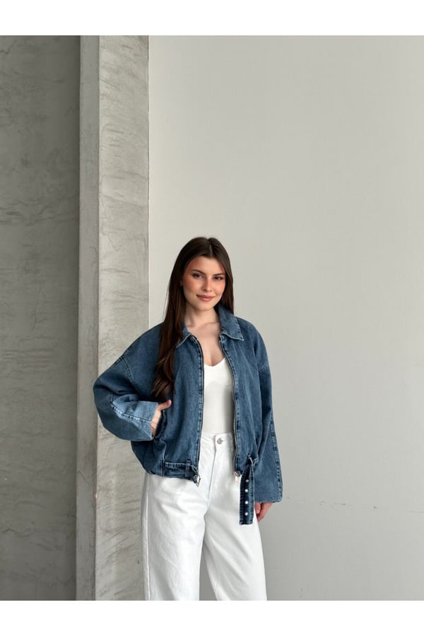 Kemer Detaylı Oversize Jean Kot Ceket