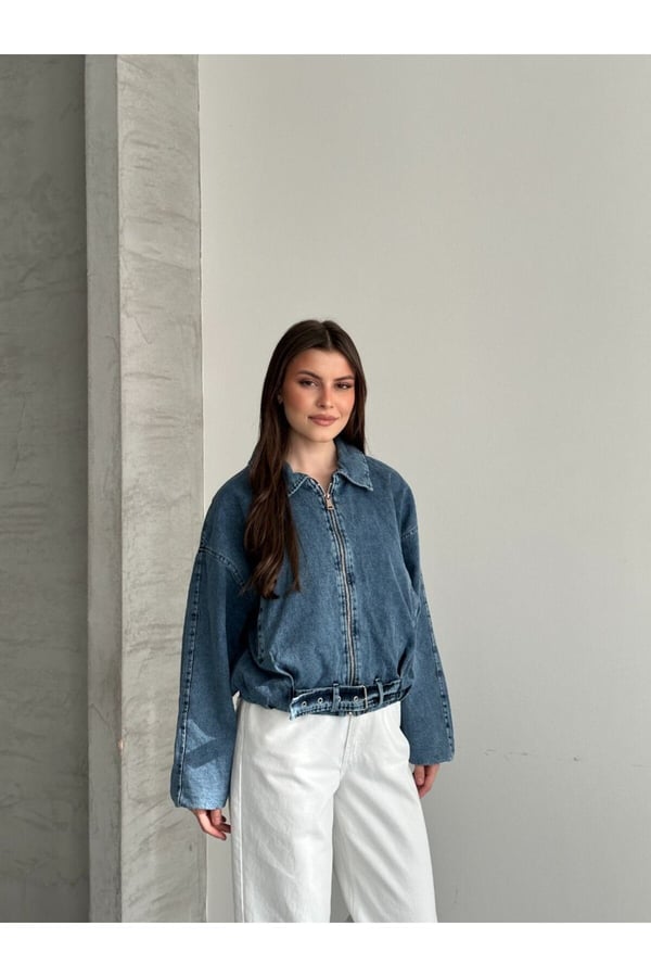 Kemer Detaylı Oversize Jean Kot Ceket
