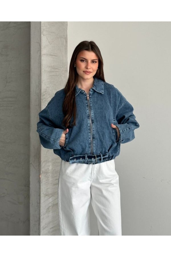 Kemer Detaylı Oversize Jean Kot Ceket