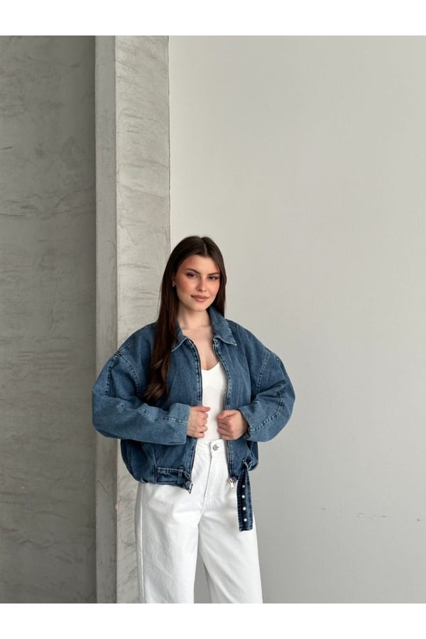 Kemer Detaylı Oversize Jean Kot Ceket