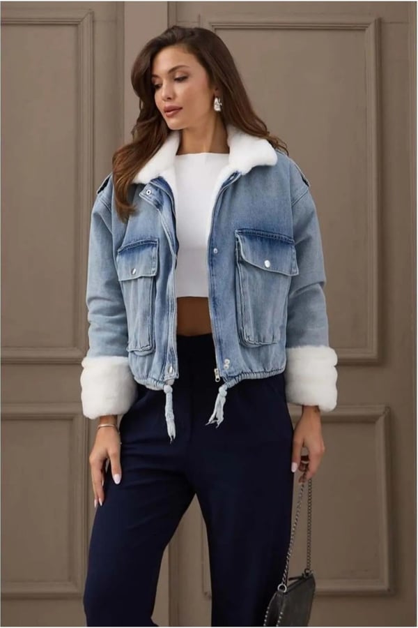 Yakası Kolları Ve içi Yumuşak Peluş Kürklü Kot Mont