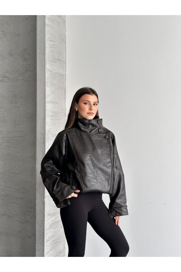 ZR Viral Oversize Urban Style Yüksek Yaka Kadın Deri Ceket