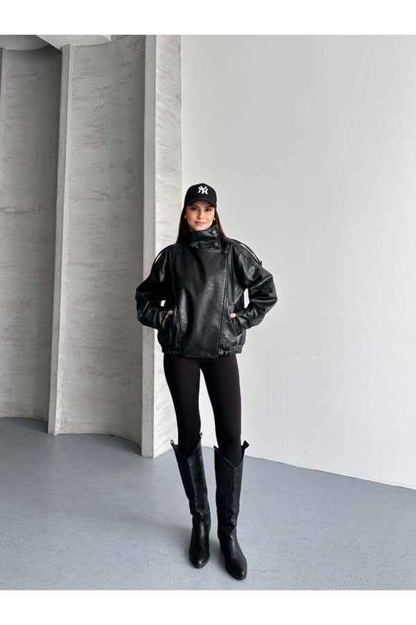 ZR Viral Oversize Urban Style Yüksek Yaka Kadın Deri Ceket