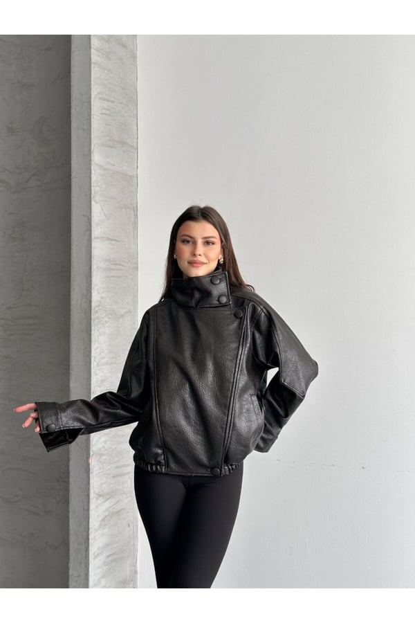 ZR Viral Oversize Urban Style Yüksek Yaka Kadın Deri Ceket