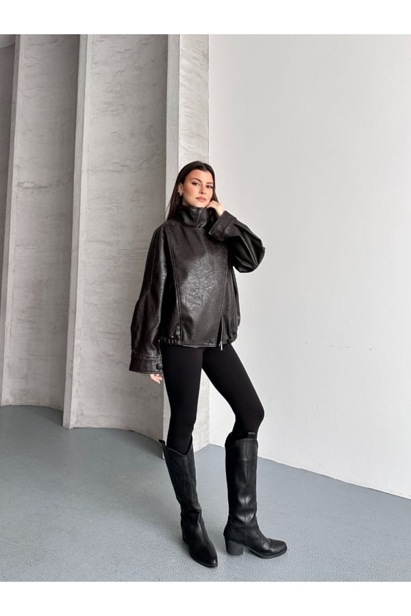 ZR Viral Oversize Urban Style Yüksek Yaka Kadın Deri Ceket
