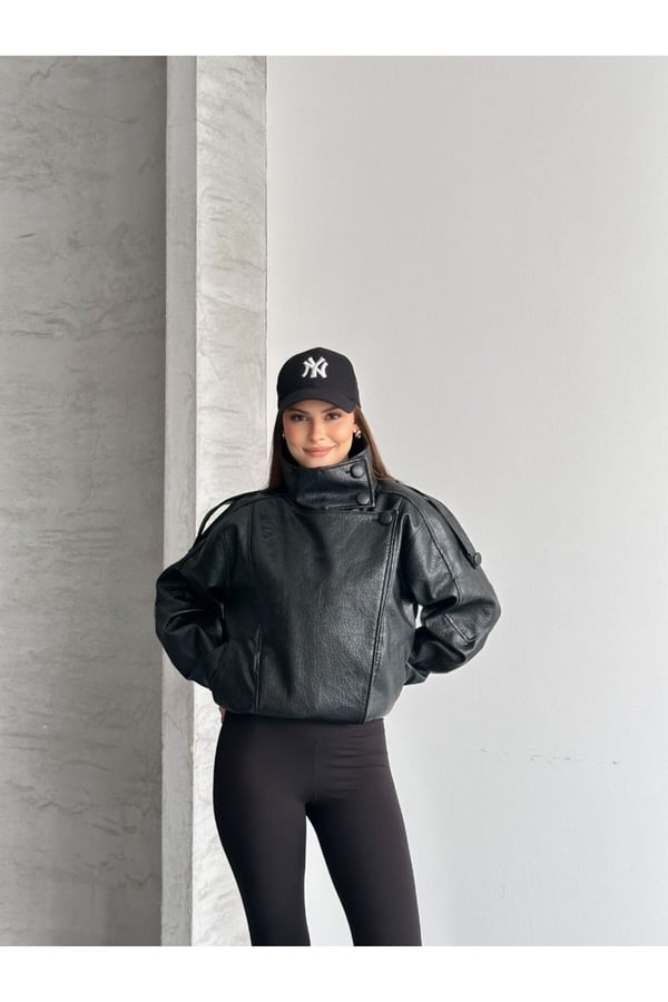 ZR Viral Oversize Urban Style Yüksek Yaka Kadın Deri Ceket