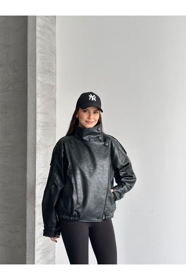 ZR Viral Oversize Urban Style Yüksek Yaka Kadın Deri Ceket