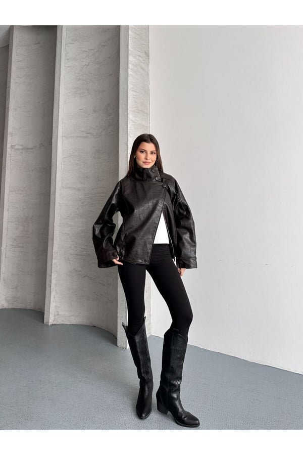 ZR Viral Oversize Urban Style Yüksek Yaka Kadın Deri Ceket