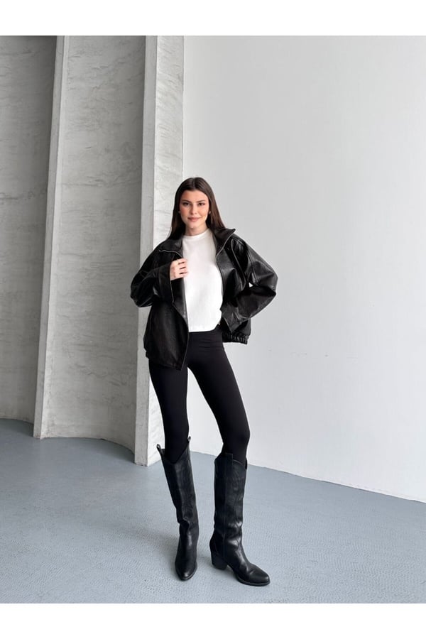 ZR Viral Oversize Urban Style Yüksek Yaka Kadın Deri Ceket