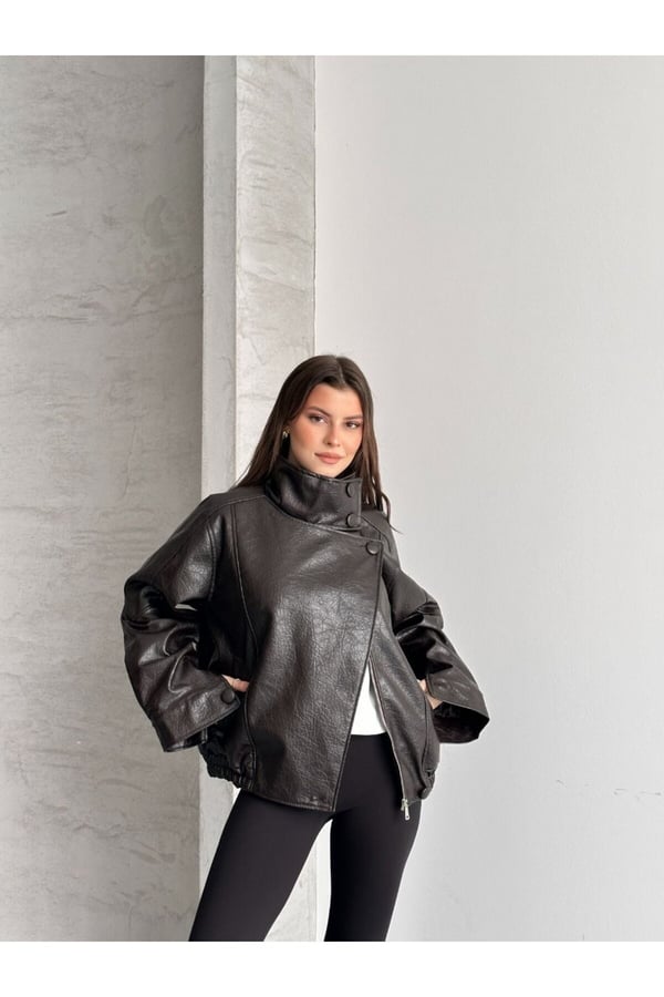 ZR Viral Oversize Urban Style Yüksek Yaka Kadın Deri Ceket
