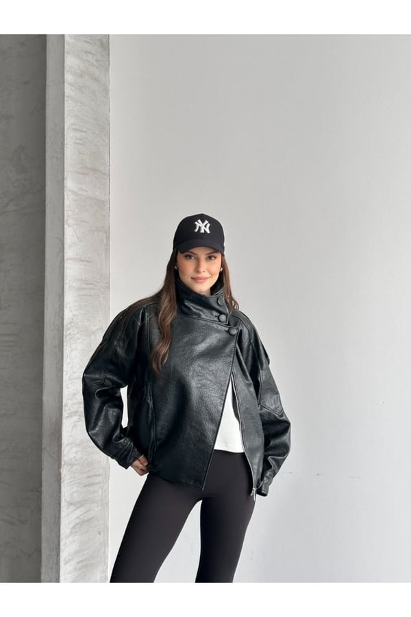 ZR Viral Oversize Urban Style Yüksek Yaka Kadın Deri Ceket