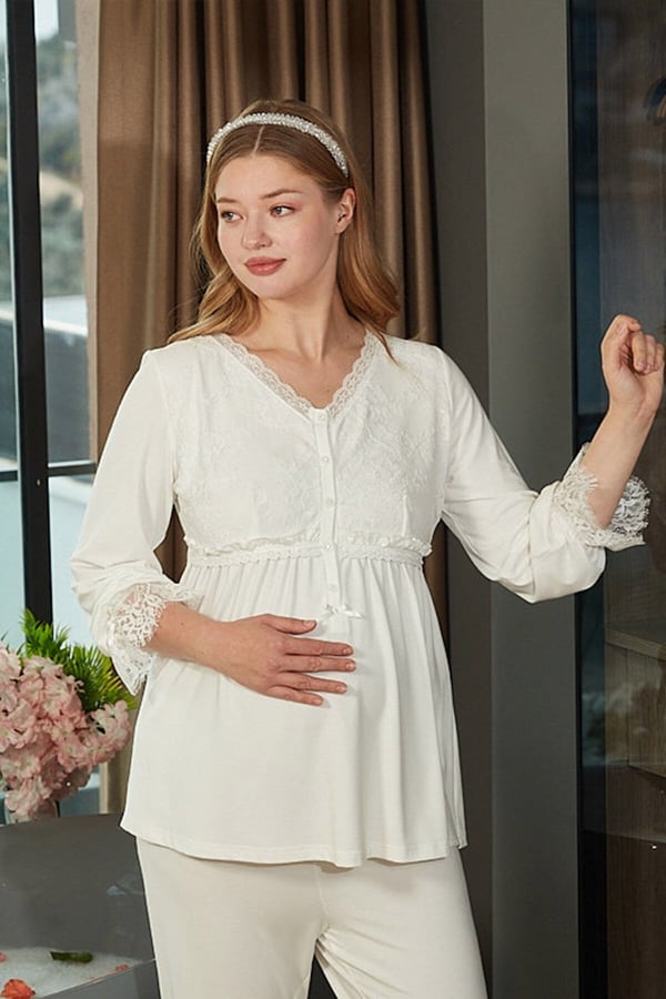 Dantel Detaylı Uzun Kol Tesettür Lohusa Pijama Takımı CossybyAqua 26626