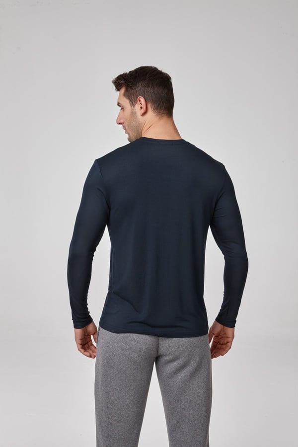 Erkek Uzun Kollu Lacivert Modal T-Shirt – Sıfır Yaka, Esnek, Rahat Kalıp, Basic Model C0T2N61