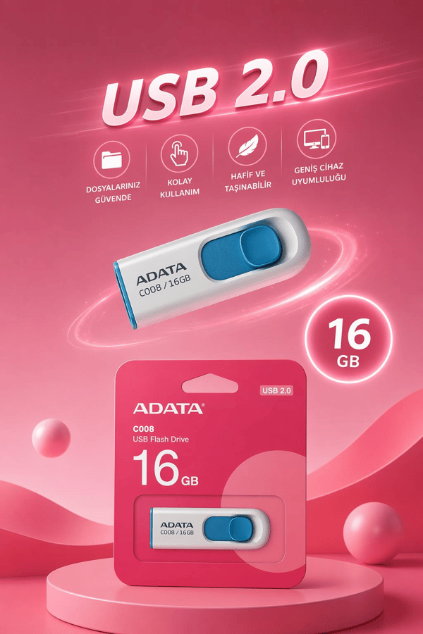 Adata C008/16GB 16GB USB 2.0 Classic (Beyaz + Mavi) Flash Bellek