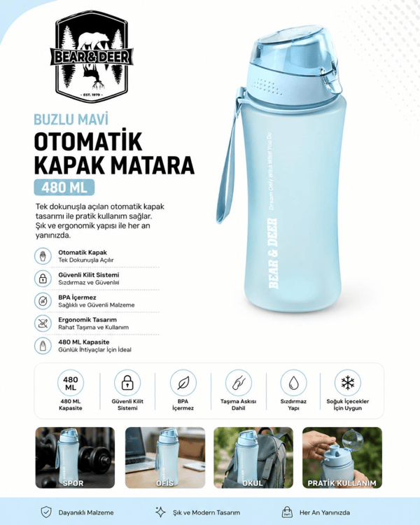 Bear & Dear Buzlu Mavi Otomatik Kapak Matara 480 Ml - MT0026