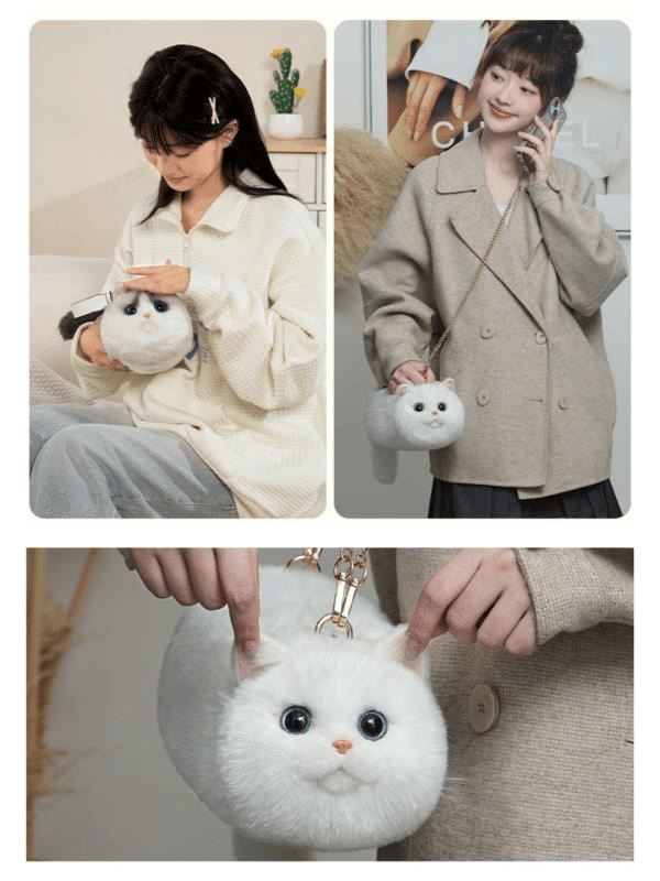 Bear & Deer Pelüş Kedi Şeklinde El Çantası – Beyaz - BD-CAT006