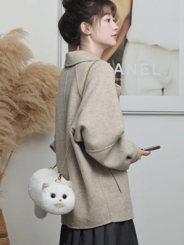 Bear & Deer Pelüş Kedi Şeklinde El Çantası – Beyaz - BD-CAT006