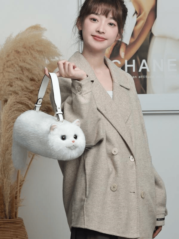 Bear & Deer Pelüş Kedi Şeklinde El Çantası – Beyaz - BD-CAT006
