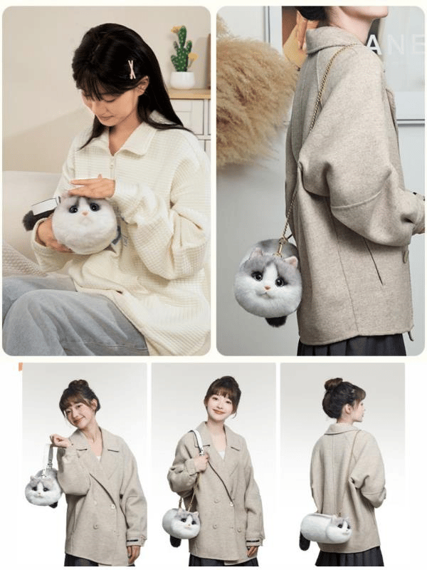 Bear & Deer Pelüş Kedi Şeklinde El Çantası – Kirli Beyaz - BD-CAT003