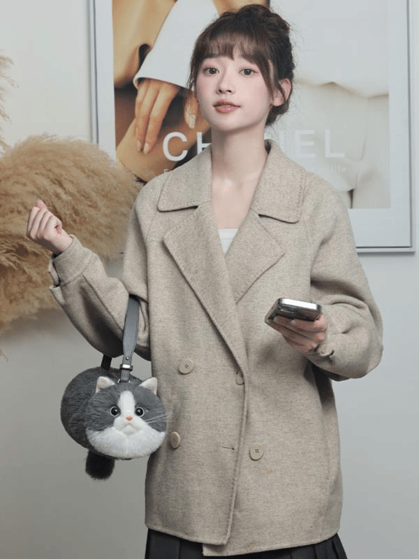 Bear & Deer Pelüş Kedi Şeklinde El Çantası – Gri - BD-CAT005