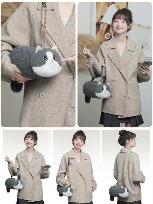 Bear & Deer Pelüş Kedi Şeklinde El Çantası – Gri - BD-CAT005
