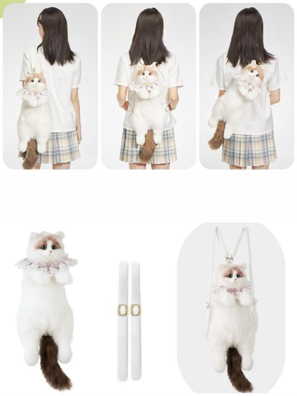 Bear & Deer Pelüş Kedi Şeklinde Sırt Çantası – Beyaz & Kahverengi (Büyük Boy) - BD-CAT008