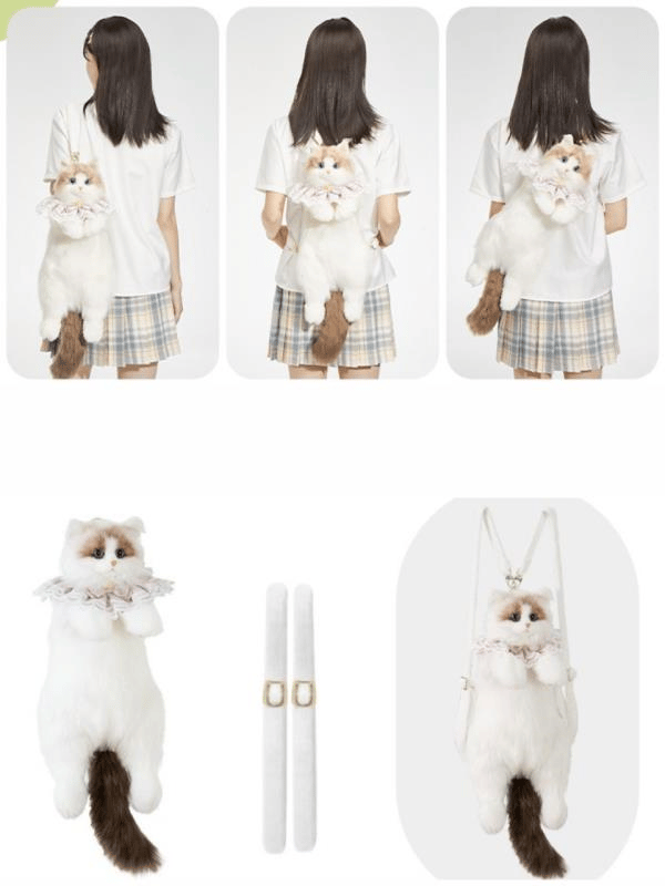 Bear & Deer Pelüş Kedi Şeklinde Sırt Çantası – Beyaz & Kahverengi (Büyük Boy) - BD-CAT008