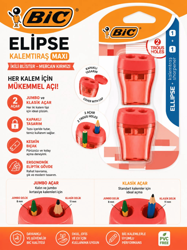 Bic Kalemtraş Maxi Elips Kapaklı İkili Blister Mercan Kırmızı Jumbo ve Klasik açar