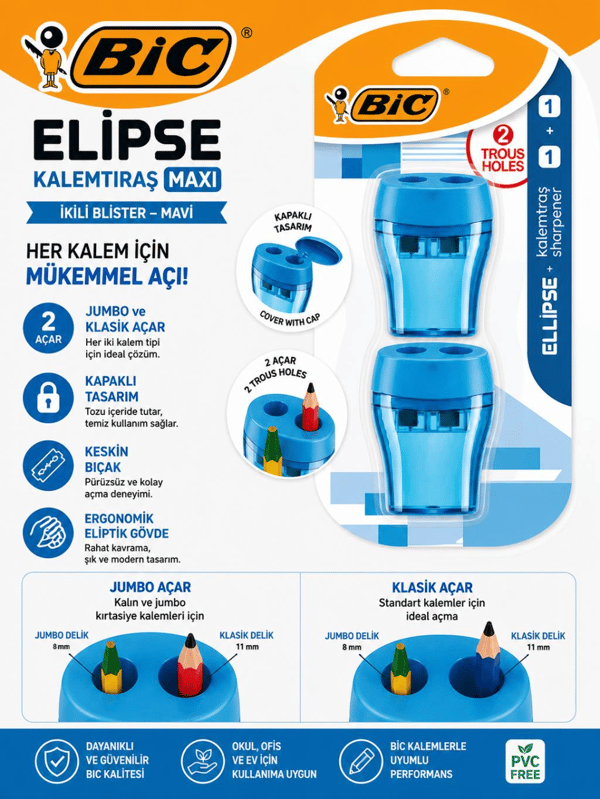 Bic Kalemtraş Maxi Elips Kapaklı İkili Blister Mavi Jumbo ve Klasik açar