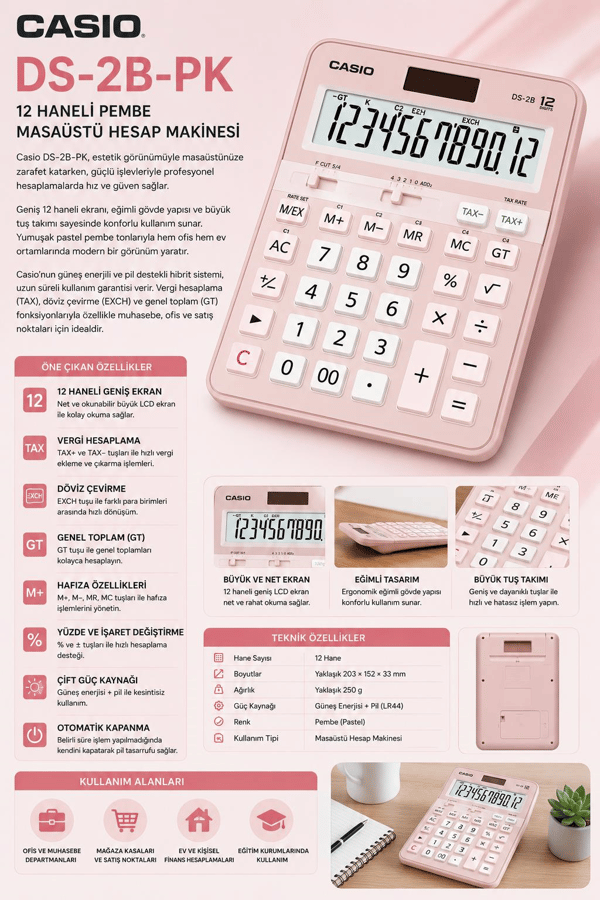 Casio DS-2B-PK 12 Haneli Pembe Masaüstü Hesap Makinesi – Profesyonel ve Şık Tasarım