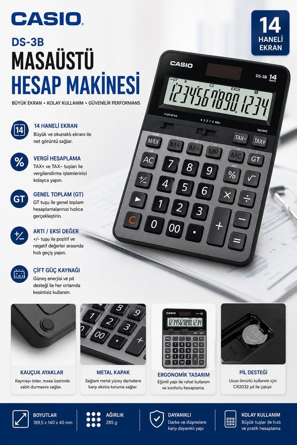 Casio DS-3B 14 Haneli Masaüstü Hesap Makinesi – Geniş Ekranlı, Sessiz Tuşlu, Güneş ve Pilli