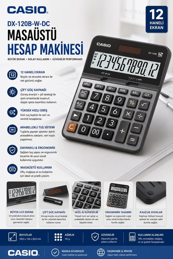Casio DX-120B-W-DC 12 Haneli Çift Güç Kaynaklı Ekonomik Masaüstü Hesap Makinesi