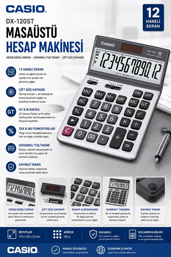 Casio DX-120ST 12 Haneli Masaüstü Hesap Makinesi Oynar Başlıklı