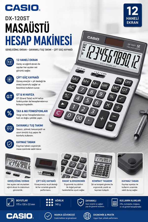 Casio DX-120ST 12 Haneli Masaüstü Hesap Makinesi Oynar Başlıklı