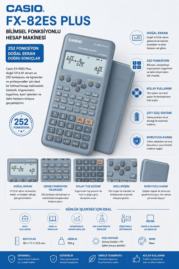 Casio FX-82ES Plus Mavi Bilimsel Fonksiyonlu Hesap Makinesi