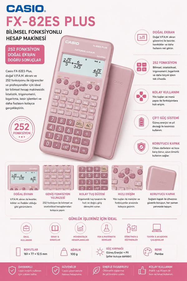 Casio FX-82ES Plus Pembe Bilimsel Fonksiyonlu Hesap Makinesi 2.Versiyon
