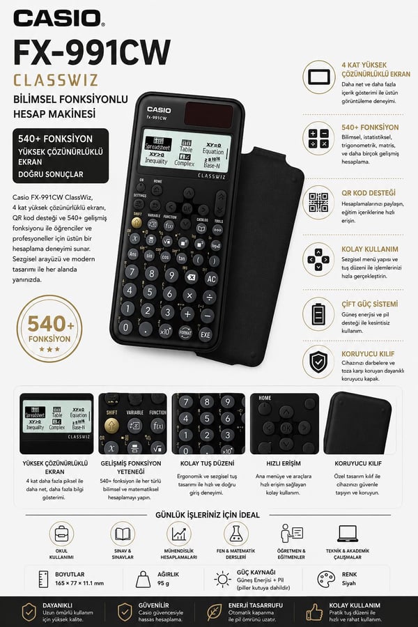 Casio FX-991CW-W-DT ClassWiz Bilimsel Hesap Makinesi – 4 Kat Yüksek Çözünürlüklü Ekran, QR Kod Destekli, Gelişmiş Fonksiyonlar