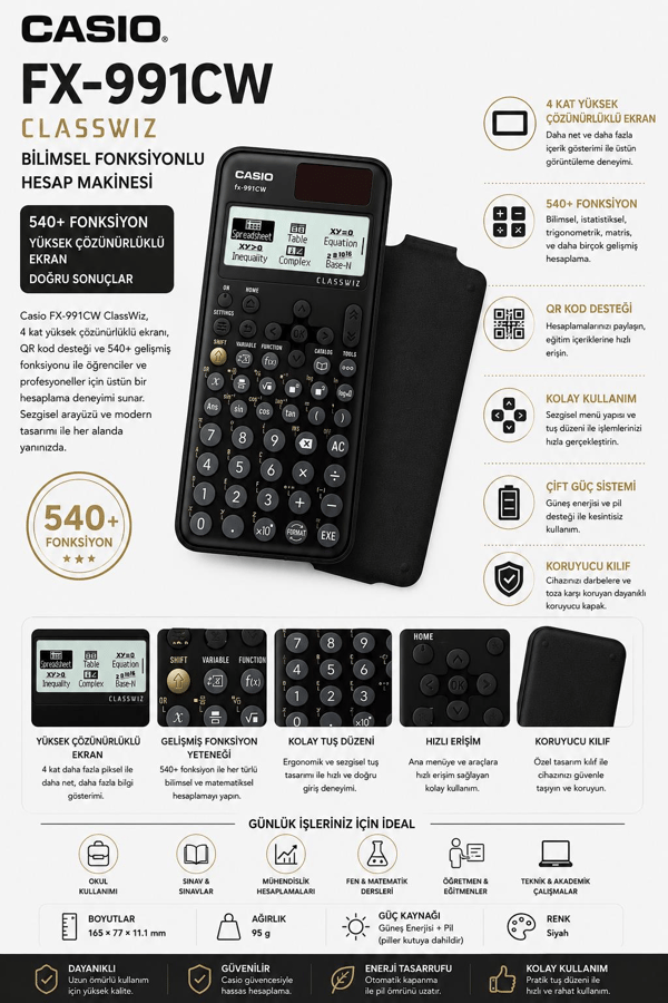 Casio FX-991CW-W-DT ClassWiz Bilimsel Hesap Makinesi – 4 Kat Yüksek Çözünürlüklü Ekran, QR Kod Destekli, Gelişmiş Fonksiyonlar