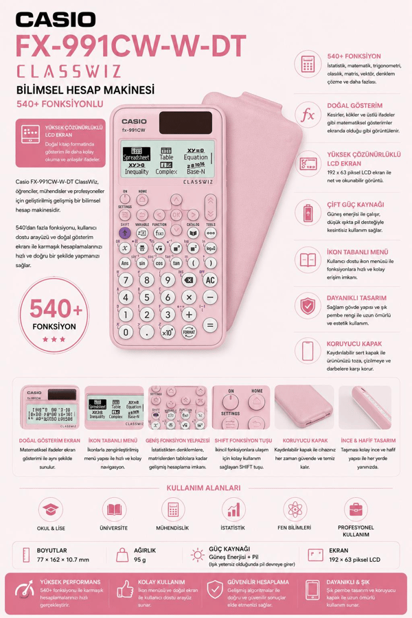 Casio FX-991CW-W-DT ClassWiz Pembe Bilimsel Fonksiyonlu Hesap Makinesi