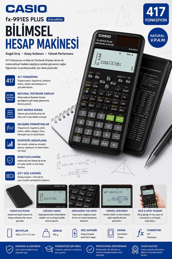 Casio FX-991ES PLUS 2nd Edition Bilimsel Hesap Makinesi – 417 Fonksiyonlu, Güneş Enerjili ve Pil Destekli - Siyah