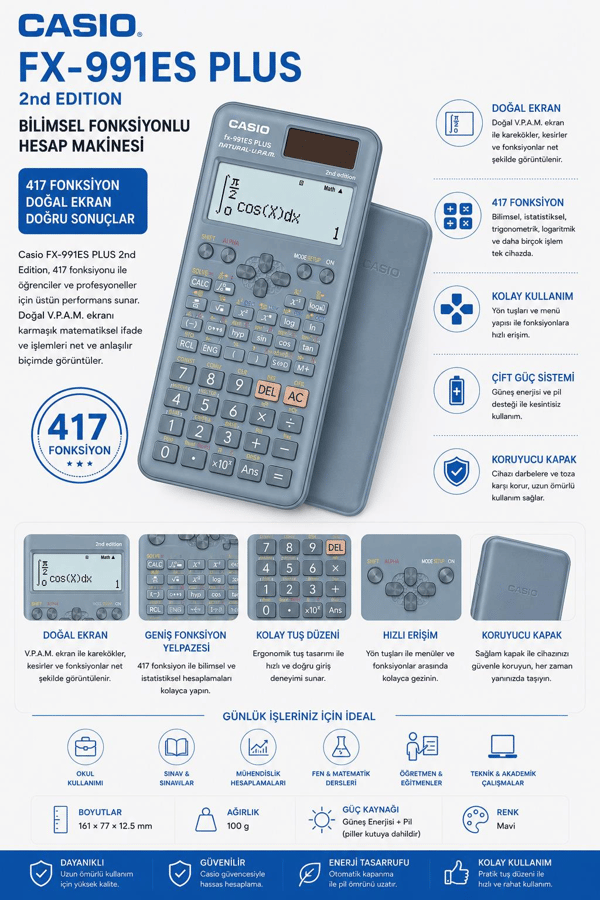 Casio FX-991ES PLUS 2nd Edition Bilimsel Hesap Makinesi – 417 Fonksiyonlu, Güneş Enerjili ve Pil Destekli - Mavi