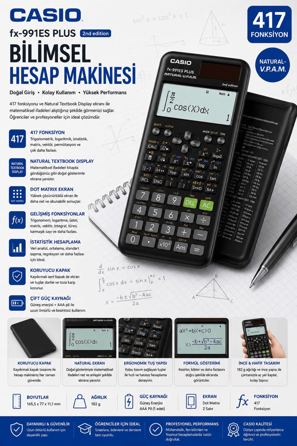 Casio FX-991ES PLUS 2nd Edition Bilimsel Hesap Makinesi – 417 Fonksiyonlu, Güneş Enerjili ve Pil Destekli - Siyah